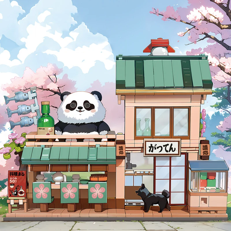 Loz Streetscape Mini Diamond Building Block Panda Restaurant Building Brick City Street View Creative House Toy For Gifts