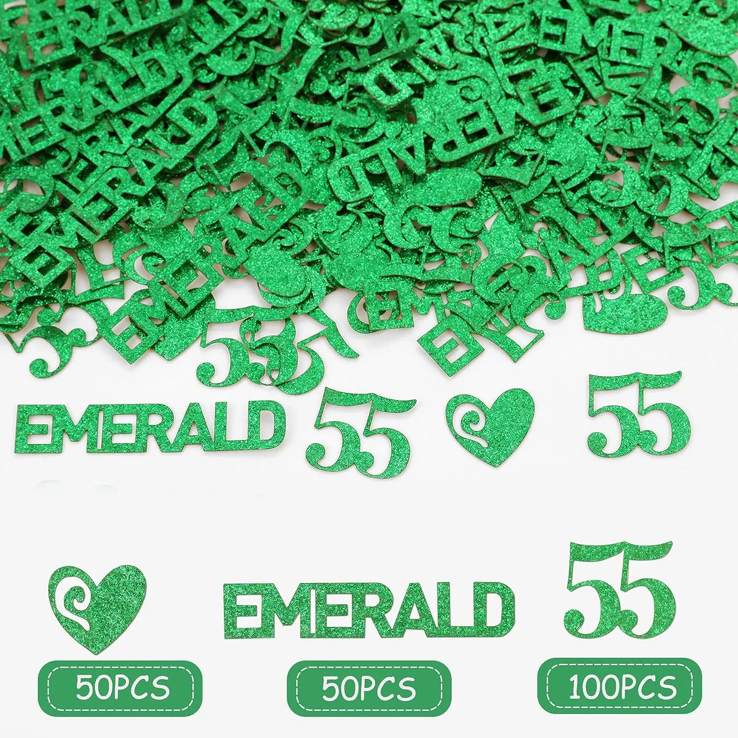 55th Wedding Anniversary Decorations 200pcs Glitter Green 55 Emerald Confetti Include Love Heart Confetti for Table Decor