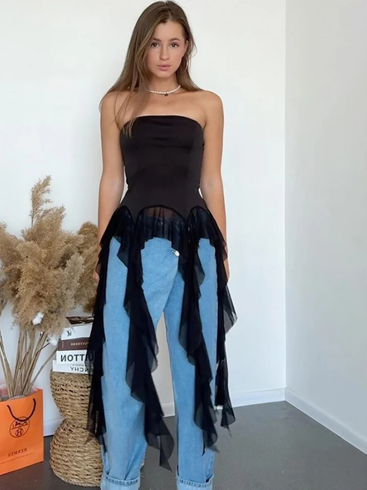 Y2K minimalist strapless top with irregular waves and flowing straps, strapless hem, slim fit short top