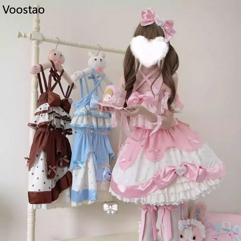 Japanese Sweet Lolita Jsk Dress Women Harajuku Kawaii Bow Ruffles Polka Dot Print Tea Party Dresses Girls Cute Slim Mini Dress