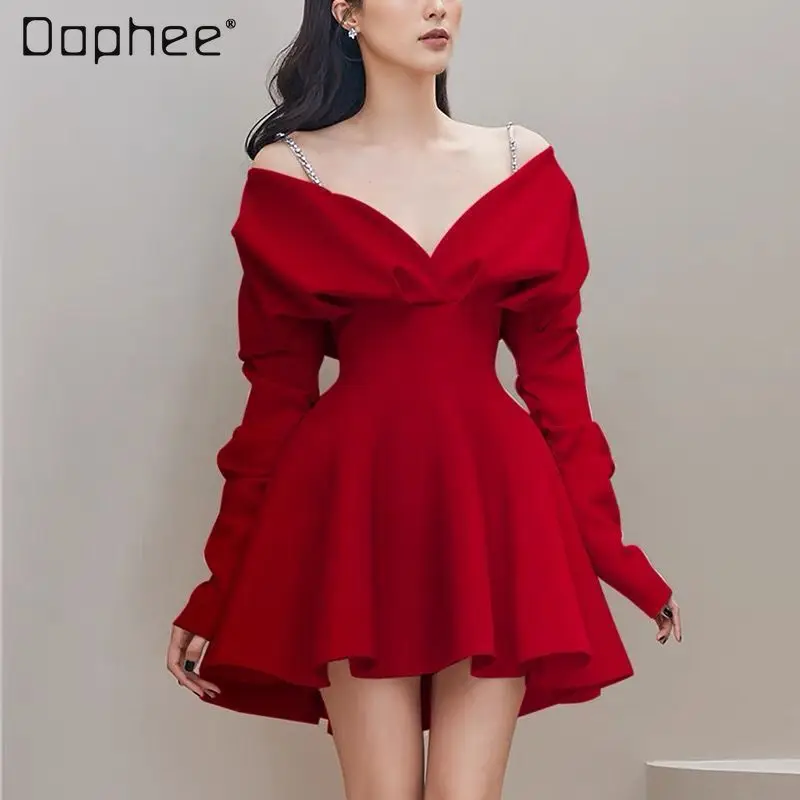 2023 Spring Women's Socialite Long Sleeve Slip Dress Party Sexy Solid Color V-neck Waist-Controlled  A- Line Suspender Dresses