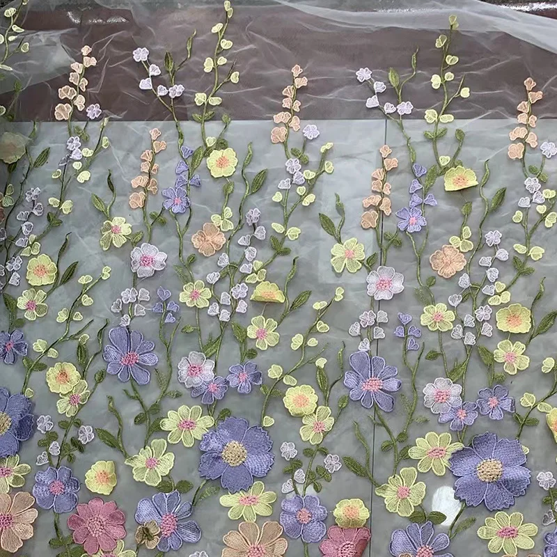 125cm wide 1yards New mesh fabric Europe and America full width purple yellow pink floral embroidery lace fabric SC739