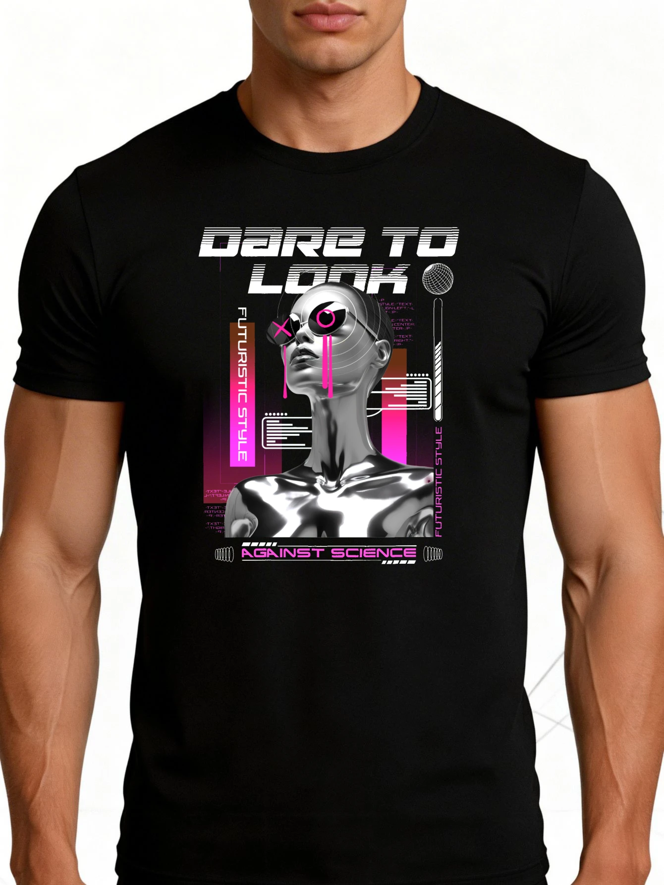 Future-Style Men's T-Shirt with Bold Scientific Graphic Design, Summer Casual Wear, Suitable for Tech Enthusiasts and Science Fiction Fans