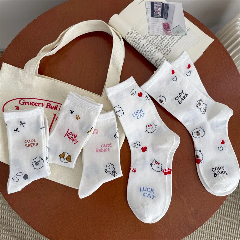 

Spring New Female Socks Korean Cartoon Cute Funny Illustration Female Mid-tube Socks College Style White Student Cotton Socks