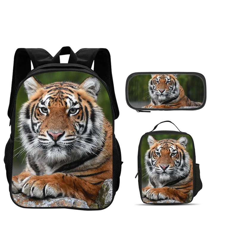 Top selling tiger backpack pencil case ice pack 3pcs set trendy animal print best gift for boys and girls on school birthdays