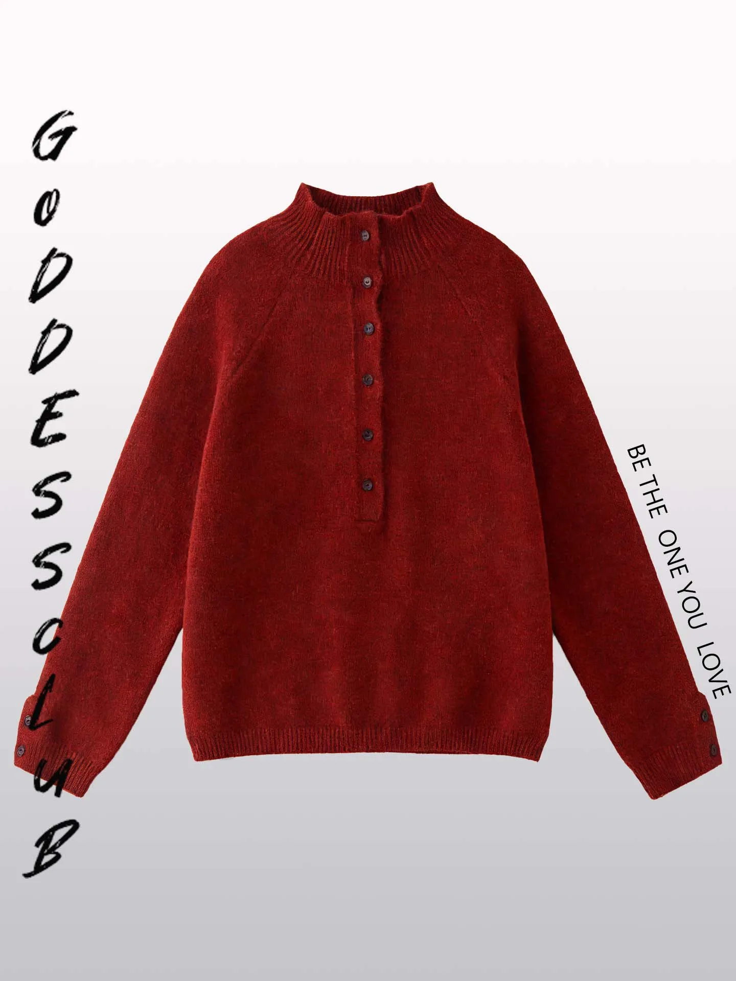 

Red Retro Soft Alpaca Wool High Collar Button f Open Knitted Sweater Women's Long Sve Overhead Knitwear Girl's Faion