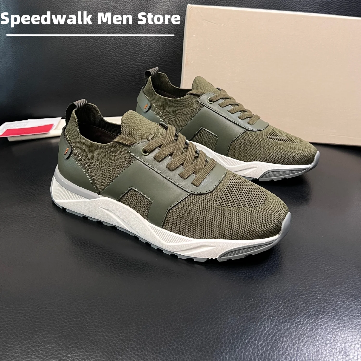 Men Invisible Elevator Knitted Leather Trainers Soft Cushion Thick Rugged Sole Outdoor Travel Breathable Casual Sneakers