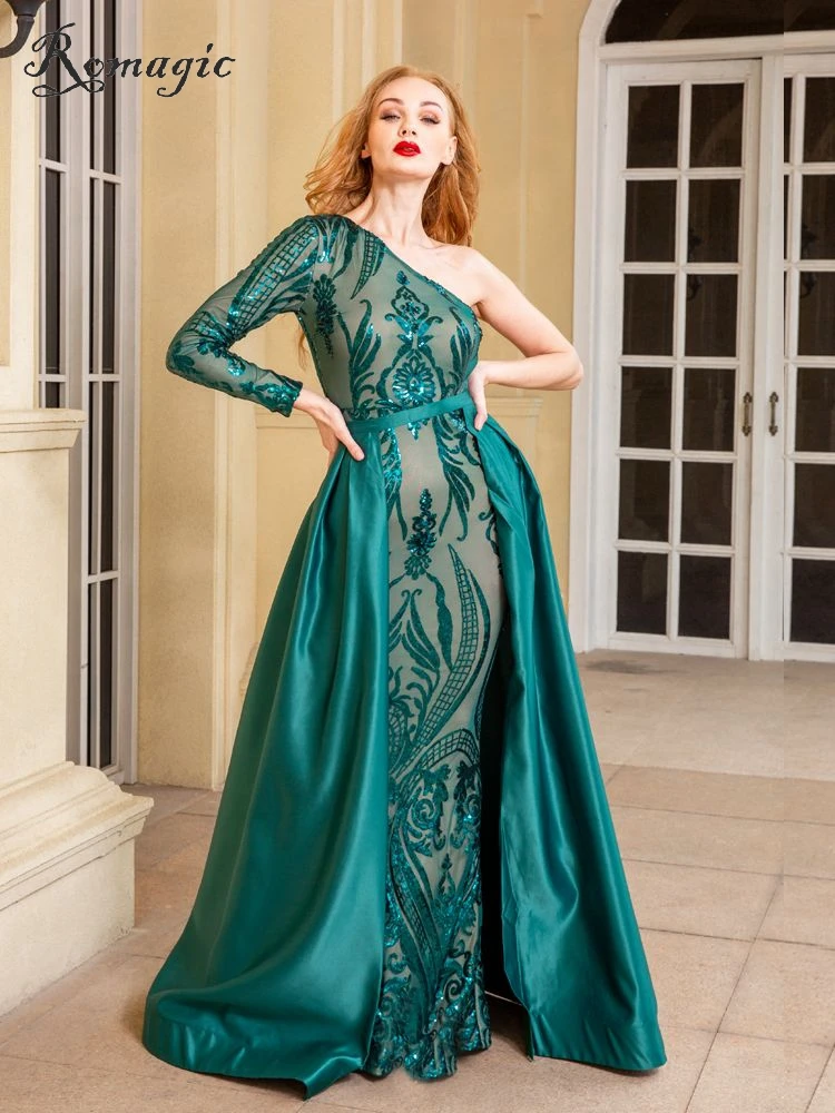 Vintage Green One Shoulder Long Sequin Prom Ball Gown Dress Mermaid Detachable Tail Full Sleeved Stretchy Evening Party Dresses