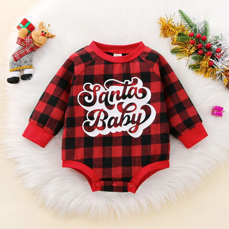 Infant Toddler Winter  Red Green Tartan Checkered Patterned Crew Neck Full Sleeve Playsuit Festive Holiday Outfit