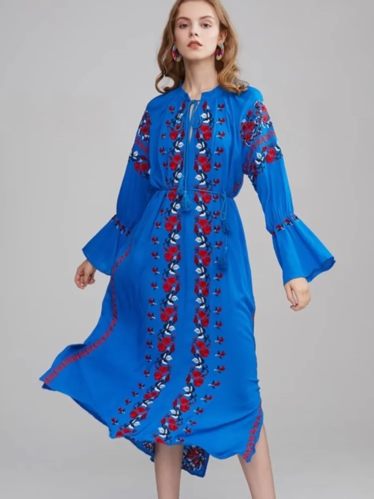 

2025 Holiday Bohemian Style Flower Embroidered Dress Tassel V-Neck Long Sleeve Spring Summer Dresses Casual Seaside Beach Dress