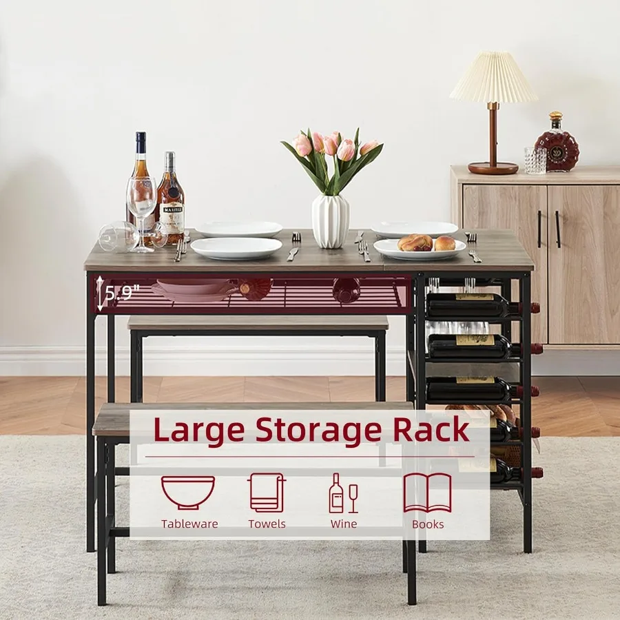 طقم طاولة طعام لـ 4 طاولات مطبخ مع رف نبيذ 2 Behes ورف تخزين طقم طاولة غرفة طعام مستطيلة مكونة من 3 قطع لتناول الطعام #5