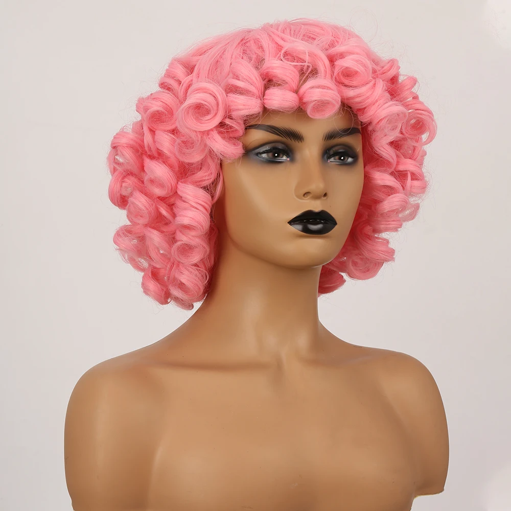 Allaosify Synthetic Short Curly Pink Wig With Bangs Natural Black Brown White Multiple Colour Hair Women's Short Afro Curly Wigs