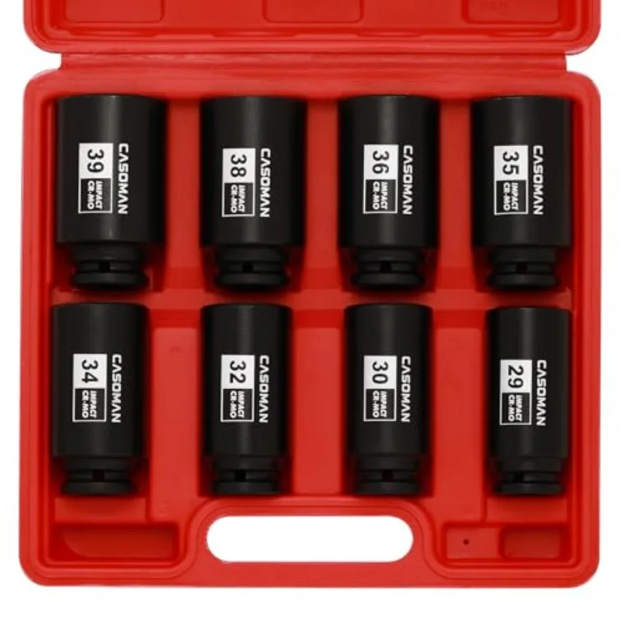 

1/2-Inch Drive Deep Spindle Axle Nut Impact Socket Set12-Point Metric CR-MO 29 30 32 34 35 36 38 39mm 8-Piece 1/2" Heavy Duty I