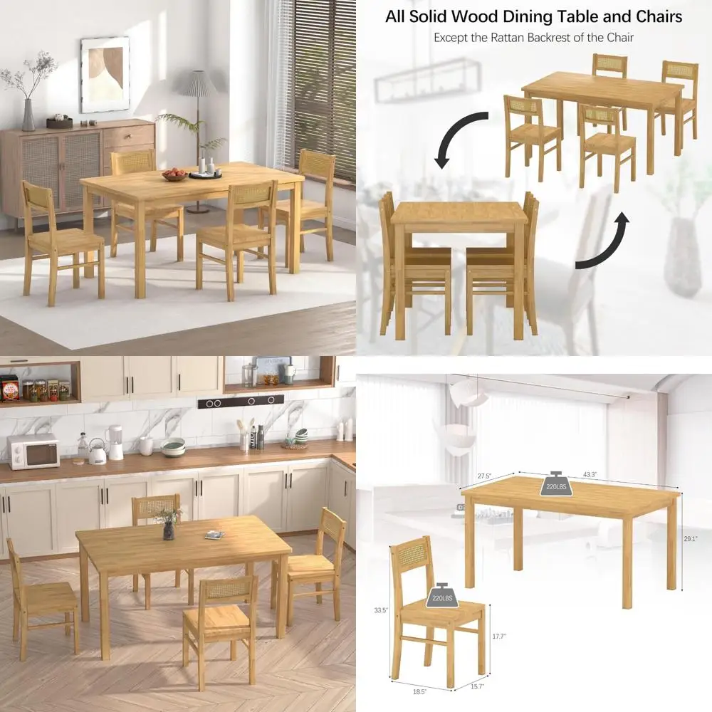 Rustikales 4-Sitzer-Set aus Esstisch und Stühlen aus Holz mit Rattan-Rückenlehne