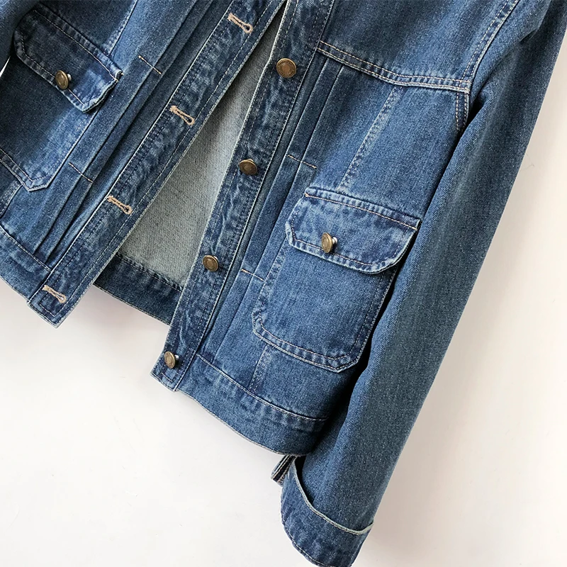 Niebieska kurtka dżinsowa z dekoltem w kształcie litery O, damska, wiosenna, jesienna, z długim rękawem, dopasowana, na co dzień, krótki płaszcz, modny, jednorzędowy, koreański top