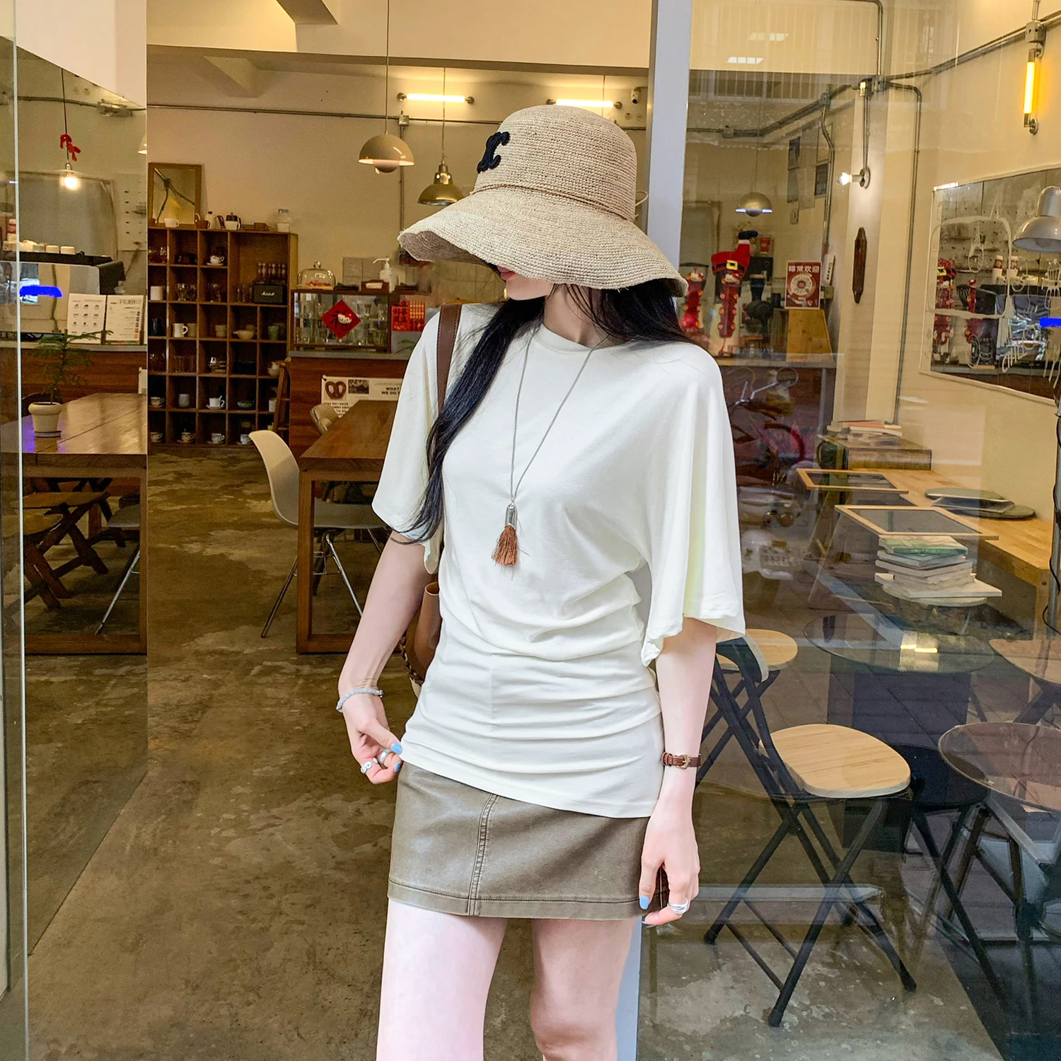 Y2K Pleated Tee Women Irregular Waist Cinched Short Sleeve Summer Round Neck Pure Desire Top