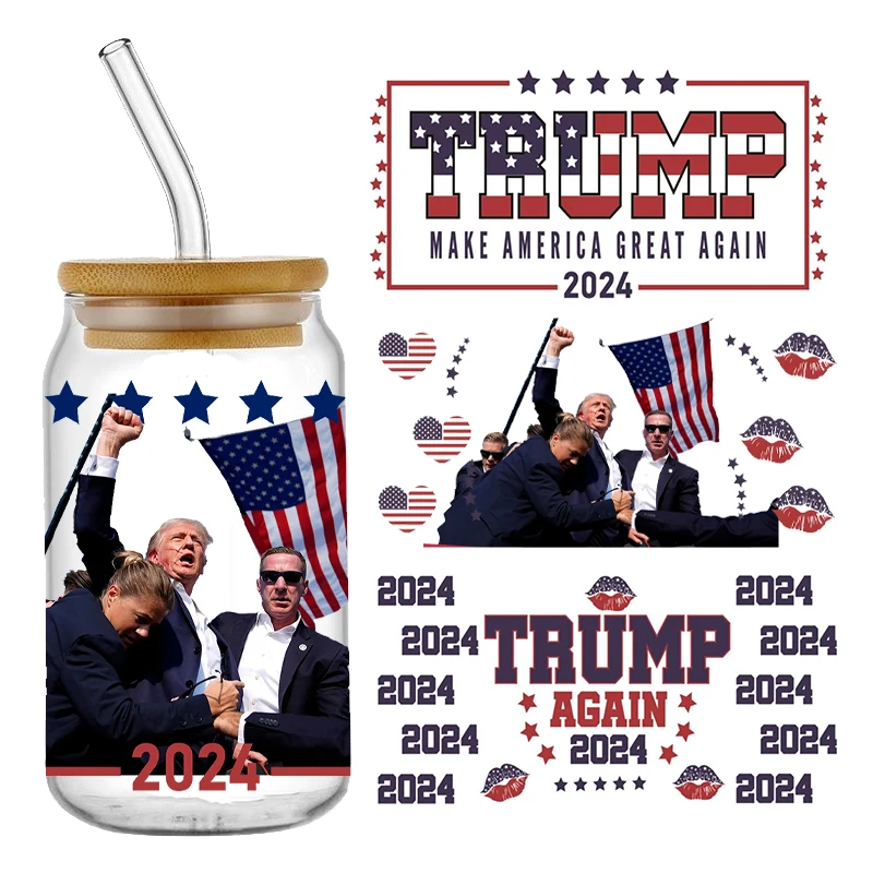 2024 America President Trump MAGA Stickers Waterproof UV DTF Cup Mug Wraps Sticker DIY 3D Wrap Decal For 16oz Libbey Glass