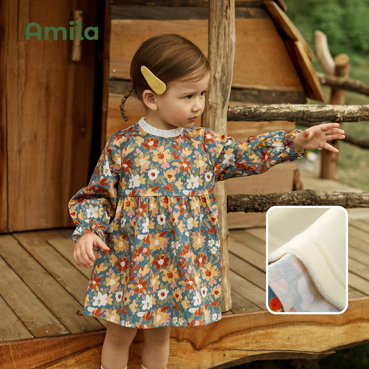 Amila Baby Girl Dress 2022 Autumn  Winter Baby Girls New Long Sleeves A-Line Skirt Plush And Thicken Warmth Flower Clothes