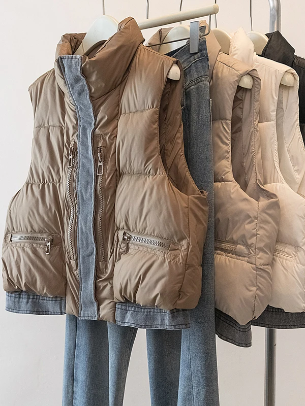 Fashionable Denim Patchwork Stand Collar Loose Fit Cotton Vest Women's Autumn Winter Outerwear Jacket Versatile Shoulder Pad