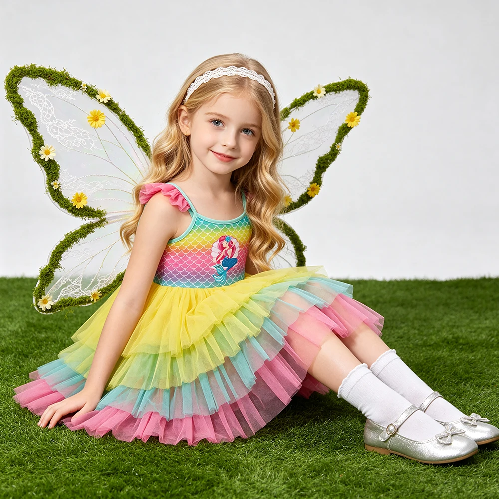 DXTON Baby Mädchen Sommerkleidung Meerjungfrau Trägerkleid Kinder Prinzessinnenkleider Cartoon Mesh Patchwork Kinder Mädchen Schulparty Outfits – Detail 2