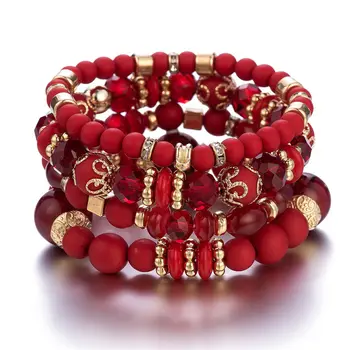 4Pcs Bohemia Acrylic Beaded Bracelet Set For Women Solid Heart Charm Elastic Chain Bangle…