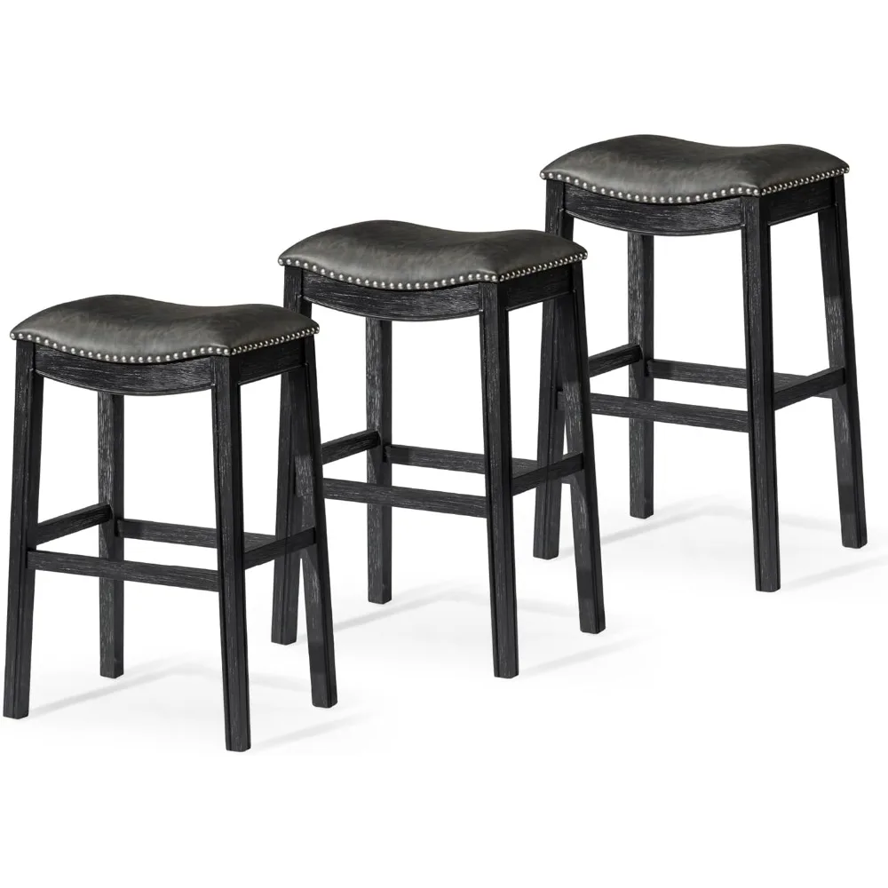 

Adrien Backless Bar Stool, Set of 3, 31 Inch Saddle Seat with Footrest, Black Solid Wood Frame & Grey Faux Leather Upholstery