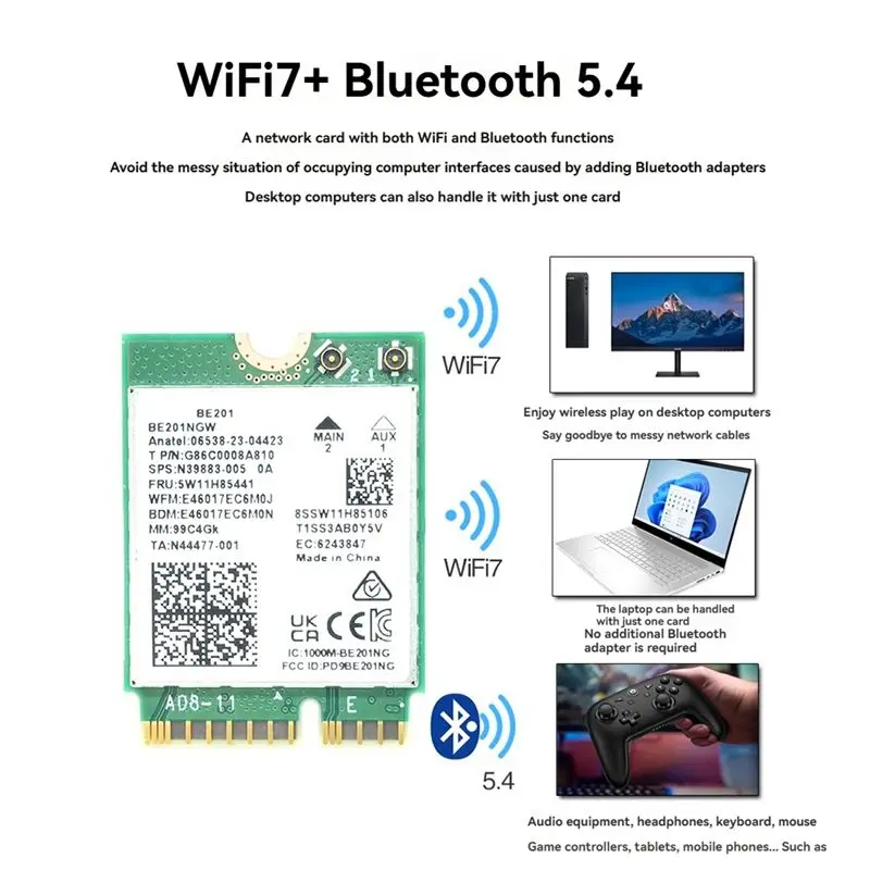 N34R-BE201 BE201NGW WIFI7 Card M.2 Cnvio3 8774Mbps Tri-Band BT5.4 Wireless WIFI Module With 8DB Antennas For Win10/11 64-Bit