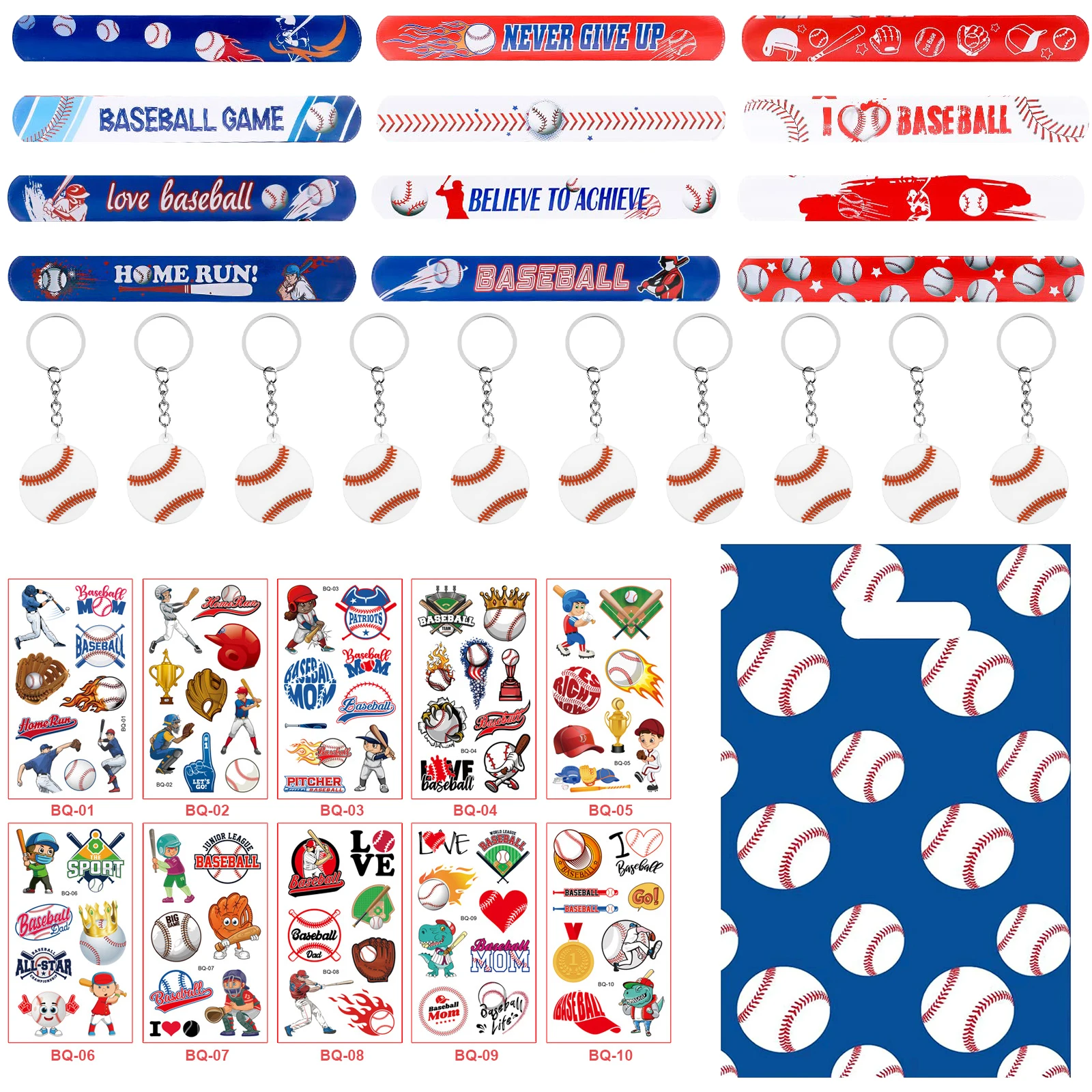 40pcs Baseball Party Favors Set, Slap,Tattoo Stickers, Keychain, Baseball Goodie Bags for Team as Baseball Themed Birthday