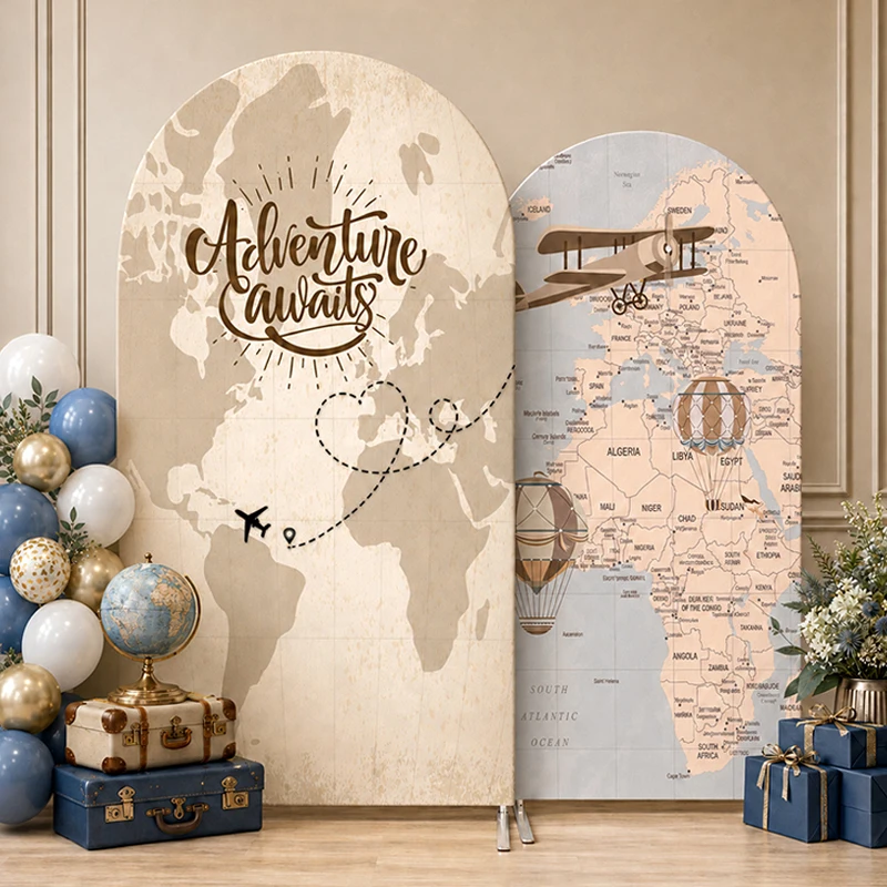 

Adventure Arch Backdrop Cover Vintage World Map Airplane Theme Baby Shower Birthday Party Photography Background Decoration Prop