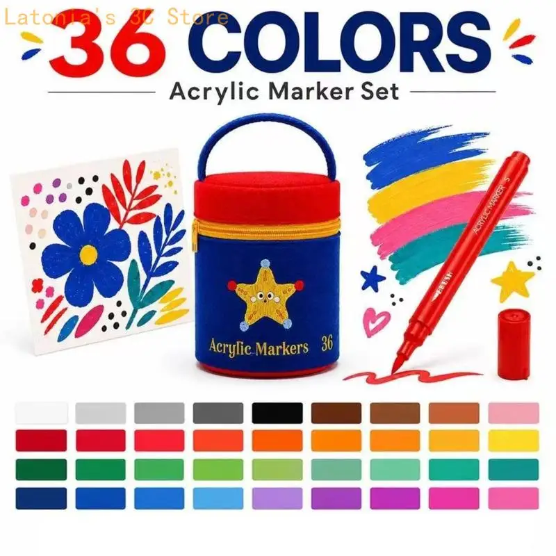Art Marker Set with Brush Acrylic Markers, Carry Handle Case for Kids, Students, Drawing and Craft Projects X3UB