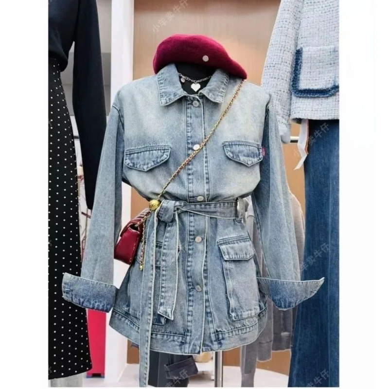 Blouse Jacket Women's Spring/Fall Retro Denim Belt Long Sleeve New Comfortable Minimalist Casual Niche Versatile Fashionable