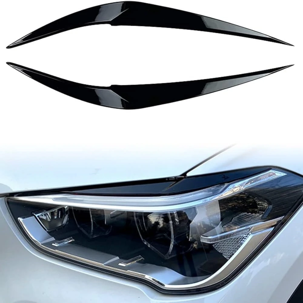 1 Par de Coberturas de Faróis Estilo Sobrancelha para BMW X1 F48 18i 18d 20i 20d 25i 2016-2020, Adesivo de Pálpebra para Farol com Acabamento Preto Brilhante