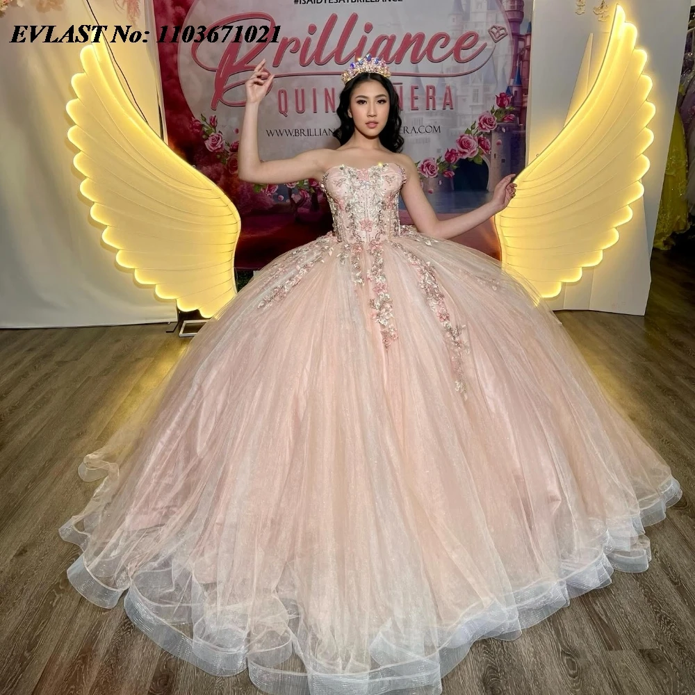 EVLAST Розовое платье Quinceanera по индивидуальному заказу, бальное платье с блестящей кружевной аппликацией и бисером, тюлевой корсет Sweet 16, Vestidos De 15 Anos SQ586