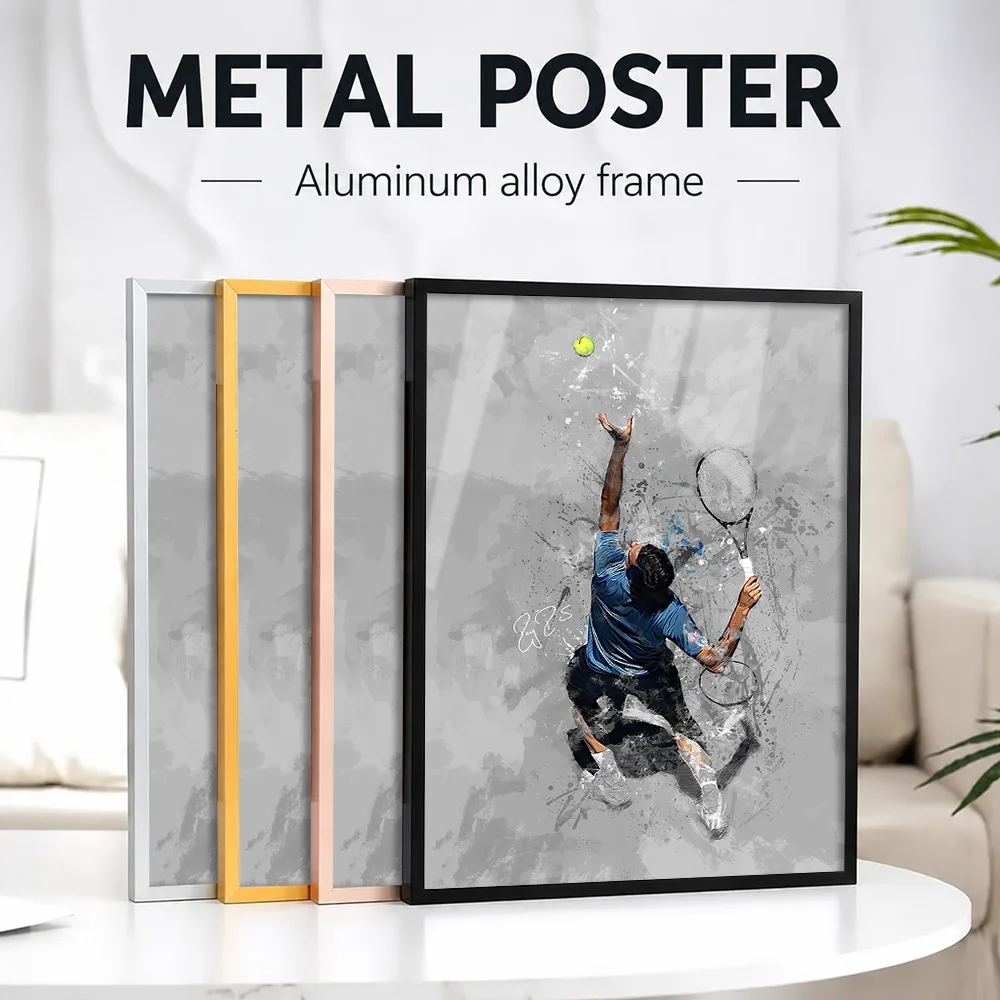 Tennis Player Serving Framed Metal Print Customized Photo Energetic Match Style Wall Art For Bedroom And Office Birthday Gift