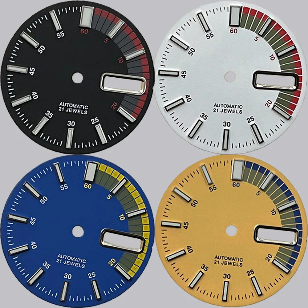

Циферблат для часов 28,5 мм, зеленый, светящийся, подходит для механизмов NH35, NH36, 4R35, 4R36, мужской циферблат, двойной календарь, синий/желтый/черный/белый циферблаты