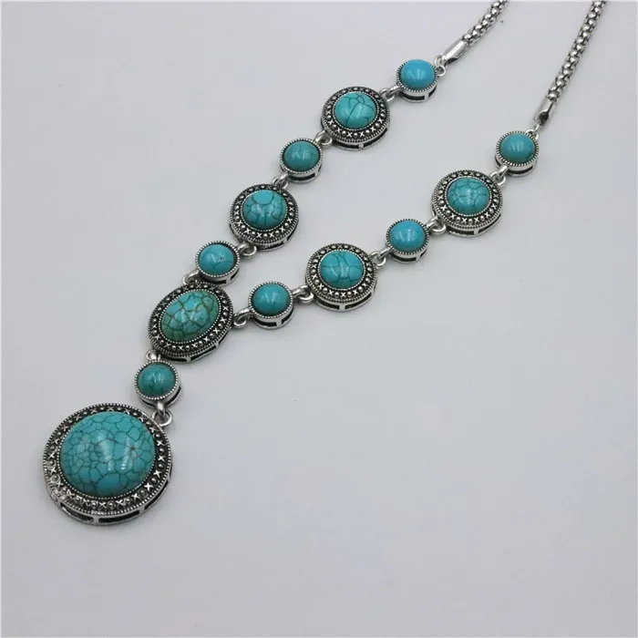 ZFSILVERFashion Retro Ethnic Sliver Plated Synthetic Turquoise Waterdrop Round Sweater Neckalce For Bohemian Jewelry Accessories