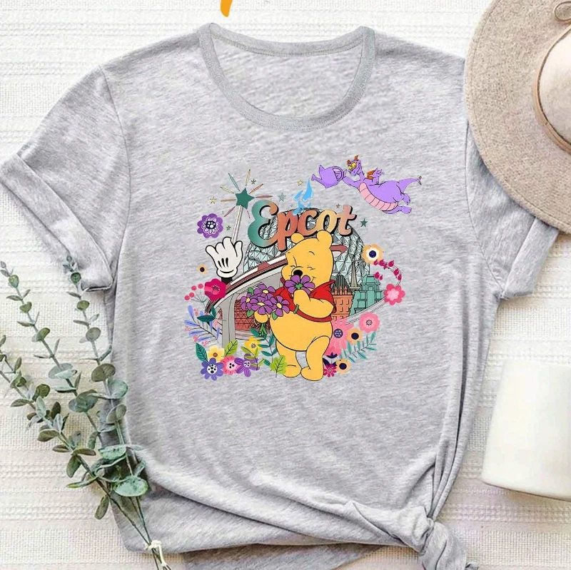 2025 nova disney autorizada feliz winnie padrão impresso camiseta feminina solta redonda casual topo com fragrância floral