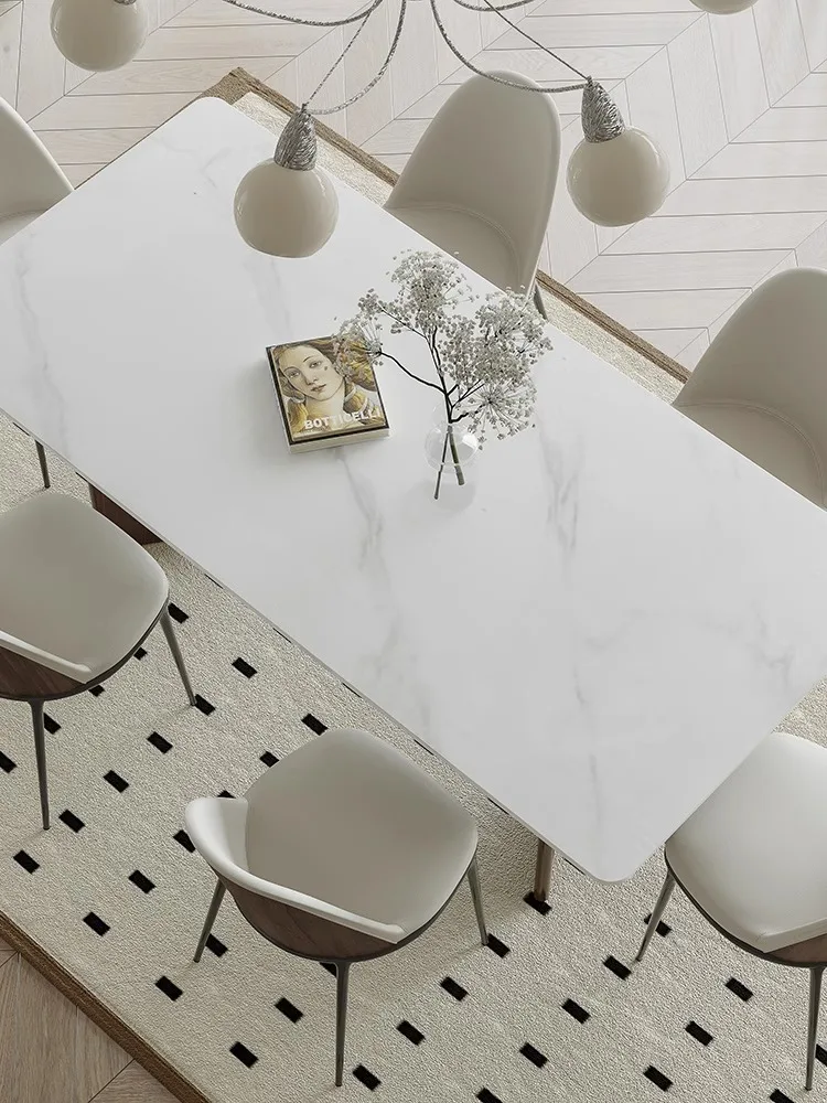 

French Cream Retro Black Walnut Slate, Dining Table and Chair Combination Wabi Sabi Rectangle