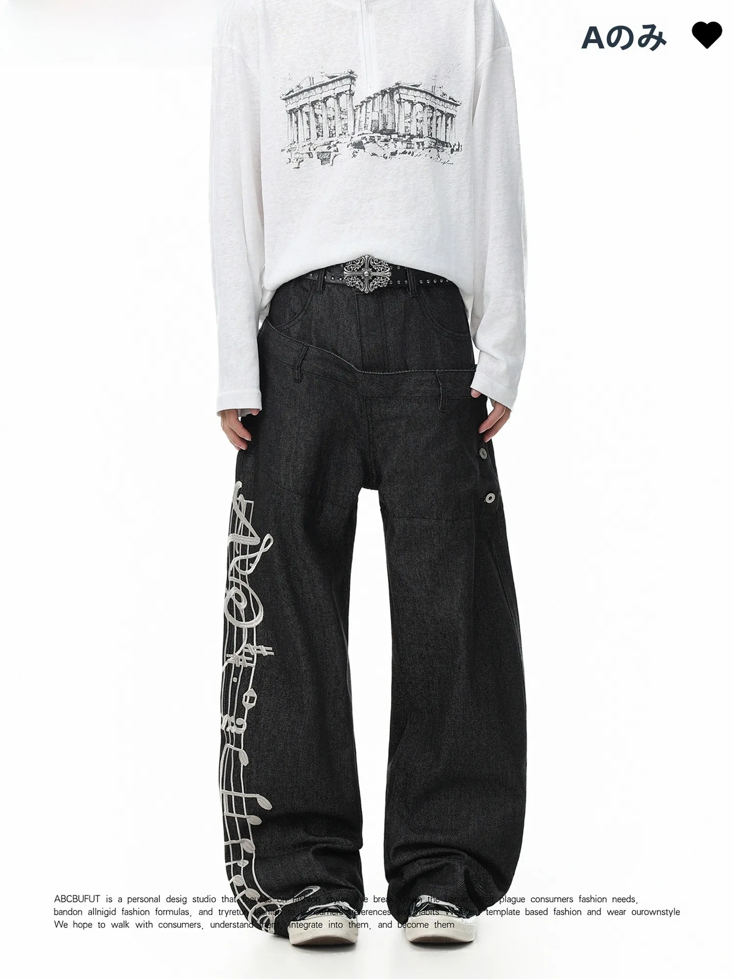 Calças Jeans Casuais Largas com Bordado de Notas Musicais Estilo Americano, Unissex, 100% Algodão, Cintura Média, Fechamento por Botão