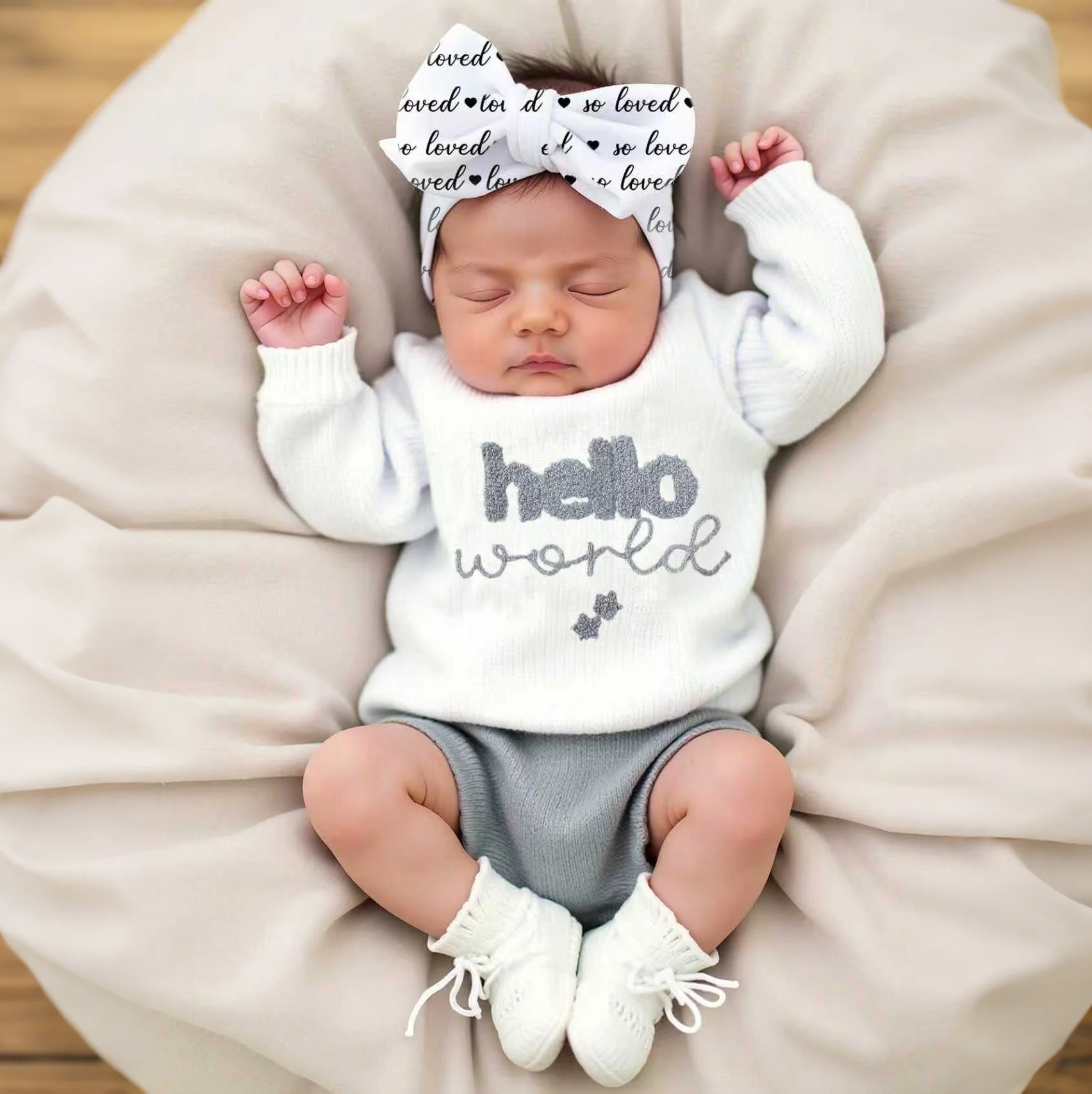 

Hello Embroidery Newborn Photography Outfits Knitted Baby Sweater with Diaper Pants with Bow Headband Infant Props