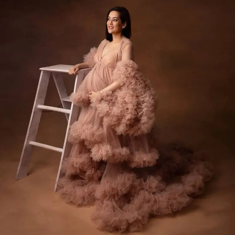 Super Fluffy Tulle Maternity Dress for Photo Shoot Tiered Pregnant Prom Gown Sexy Woman Bathrobe Long Sleeves Party Robes Tailor