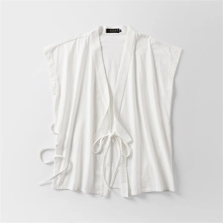 White Men's Cotton Linen Tank Tops Sleeveless Kimono Tang Suit Tops Casual Cardigan Solid Vintage Hanfu Vest Male Waistcoat