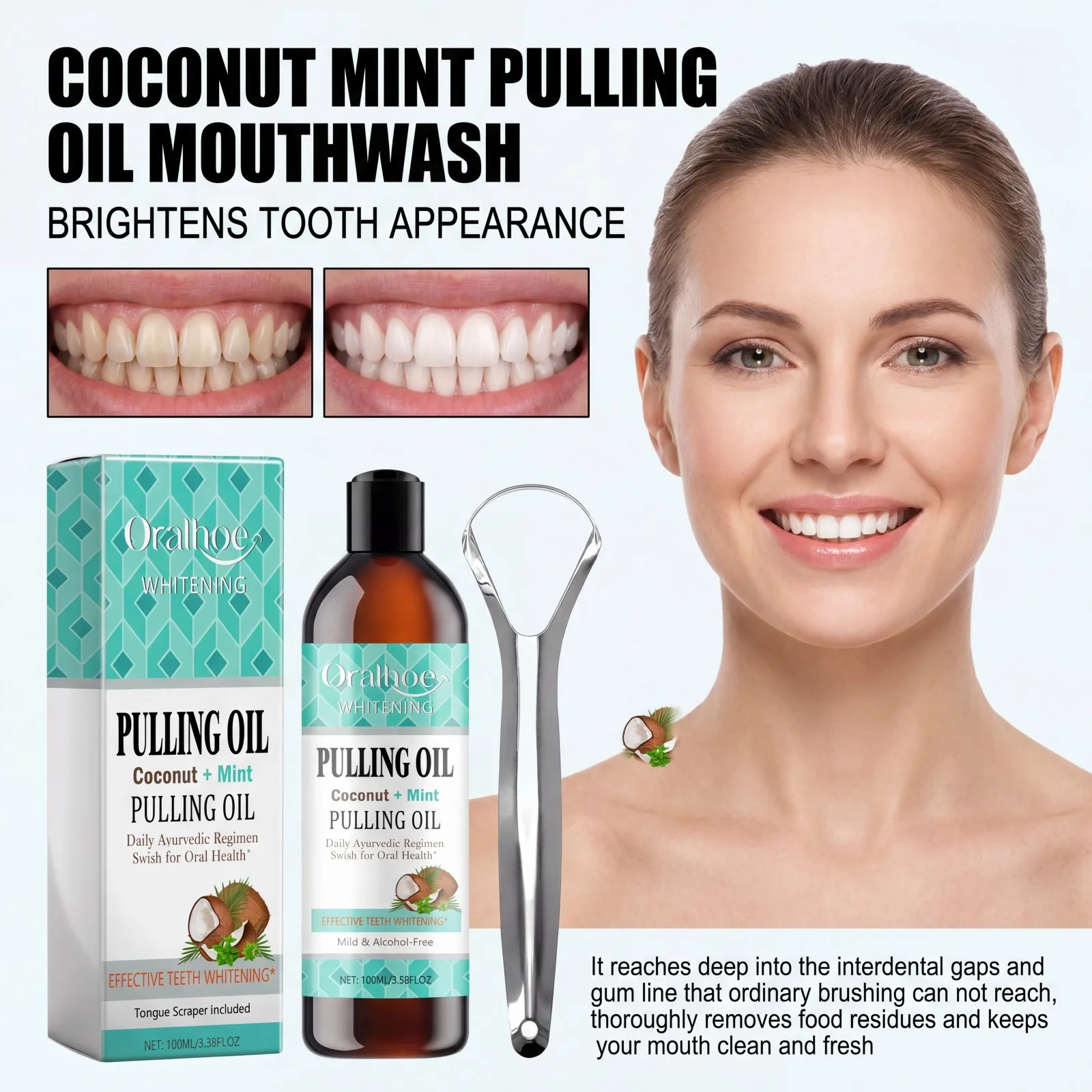 Coconut Mint Pulling Oil Mouthwash Oil Pulling Fresh Breath Brightening Alcohol Free Tongue Scraper Deep Cleaning Gum Care 100ml