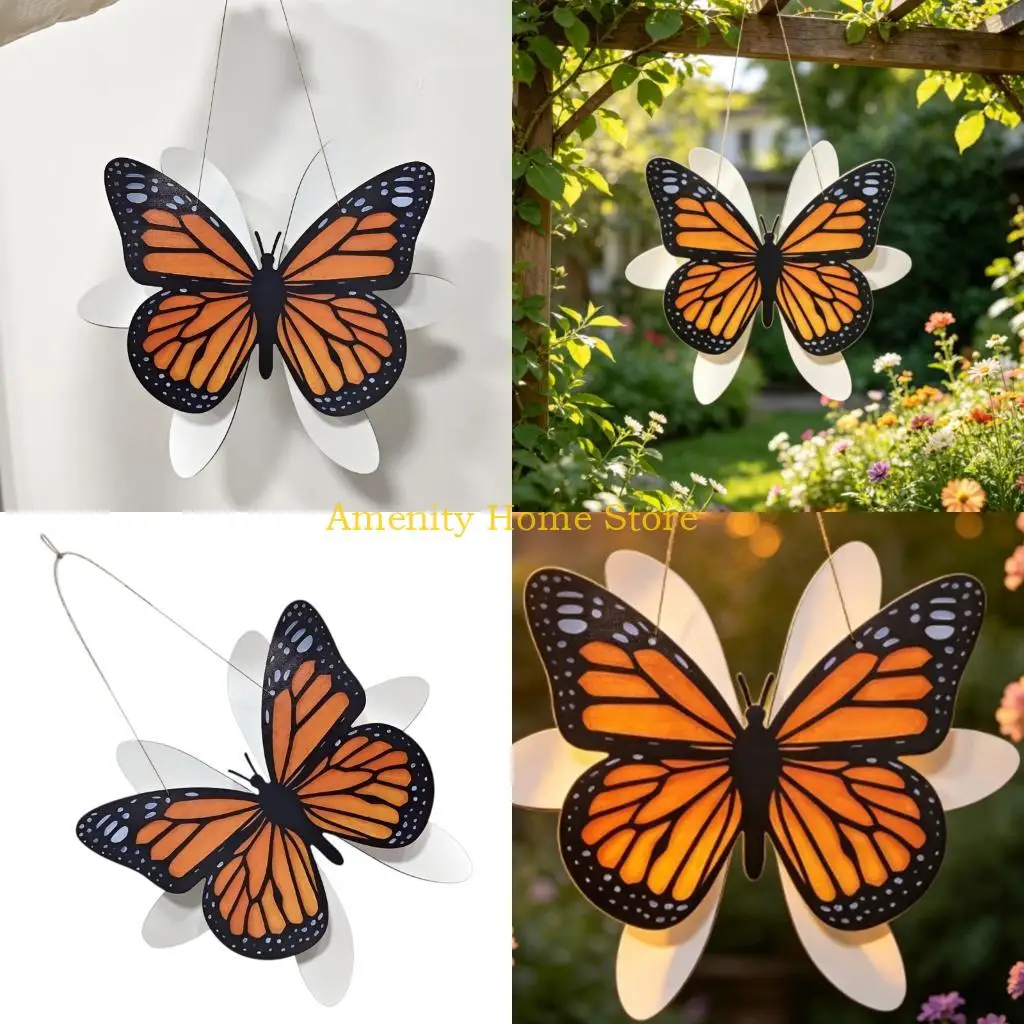 F26C Wooden Butterfly Open Air Ornament with Wind Spinner Blades and Top Cords for Porch Fence Balcony Branch Yard Placement and