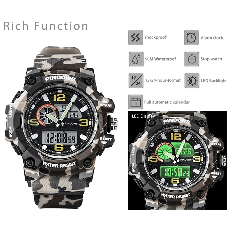 Submersible Military Digital Watch Men Dual Display Waterproof Electronic Hand Clock Student Camouflage Sport Wristwatch Male