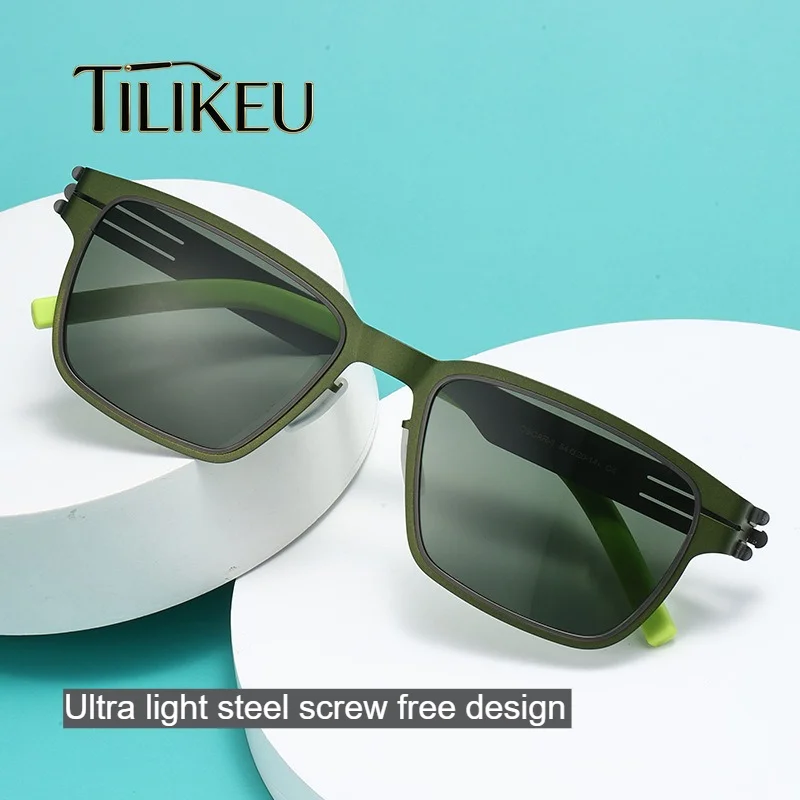 German Large Frame Polarized Sunglasses Men Ultra-light Steel Square Driving Shades UV400 Luxury Classic Screwless Sunglasses