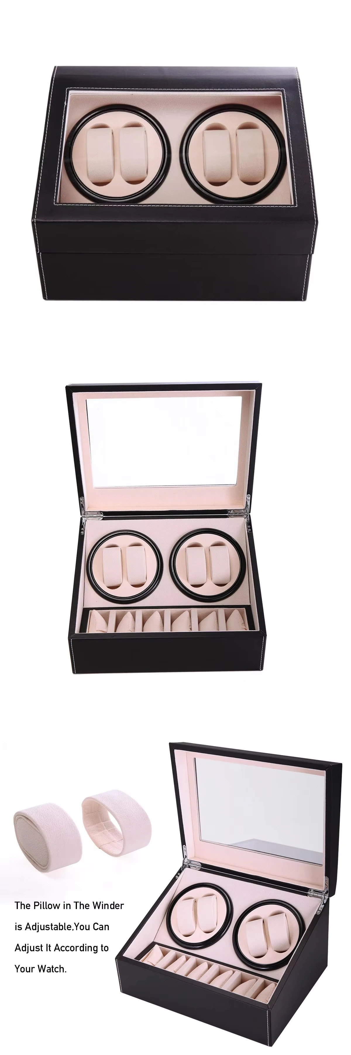 2026 Factory Hot Sale Q109 Black Brown 4 + 6 Automatic Rotation Leather Wood Watch Winder Storage Display Watch Box & Cases