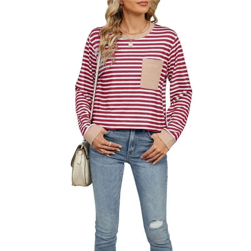 CYL-Camicie a maniche lunghe da donna girocollo a righe vestibilità ampia T-shirt color block autunnale 2025 con tasca