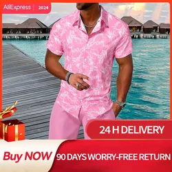 Men's Summer Casual Beach Shirt Set Short Sleeve Hawaiian Style Pink Shirt Shorts Drawstring Design Fashionable Men's Clothing