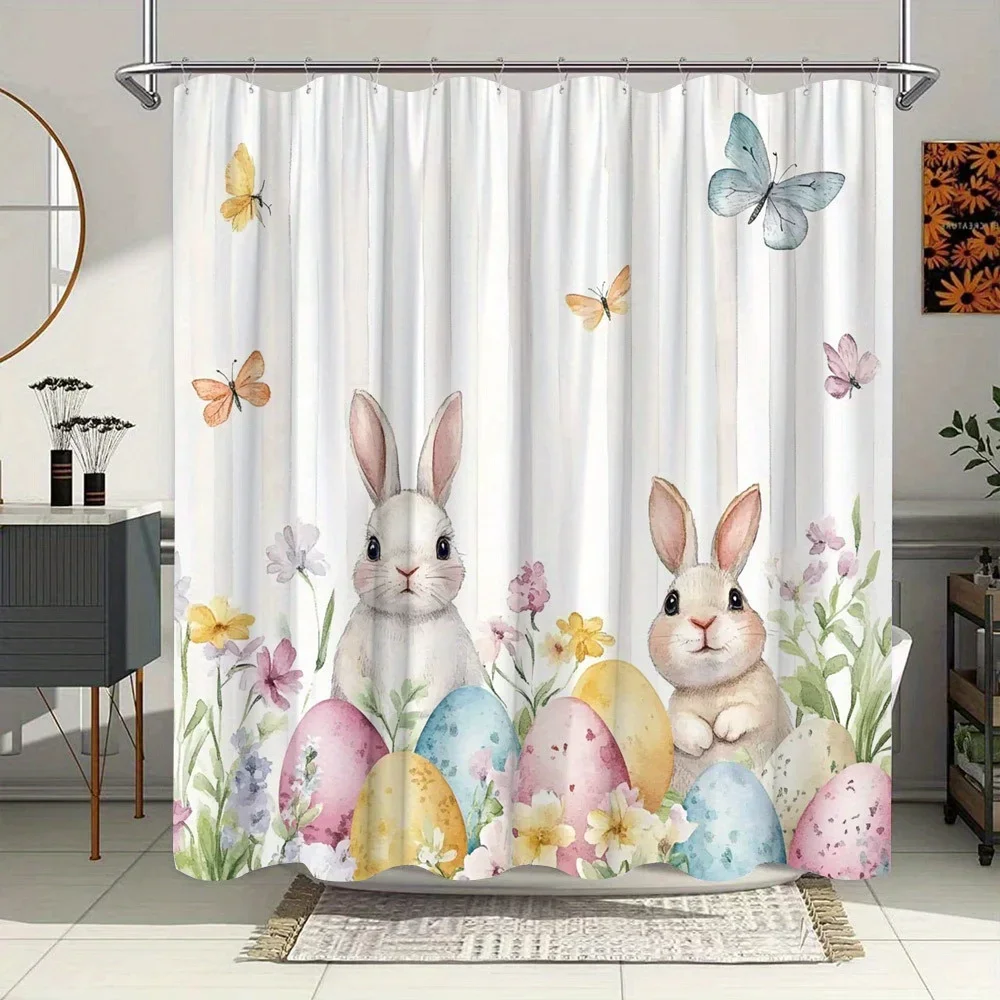 

Easter Rabbit Shower Curtain - Watercolor Garden Design with Bunnies, Eggs & Butterflies, Festive Spring Theme, Polyester
